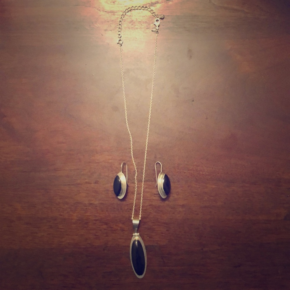 Black and Silver Pendant Necklace and Earrings
